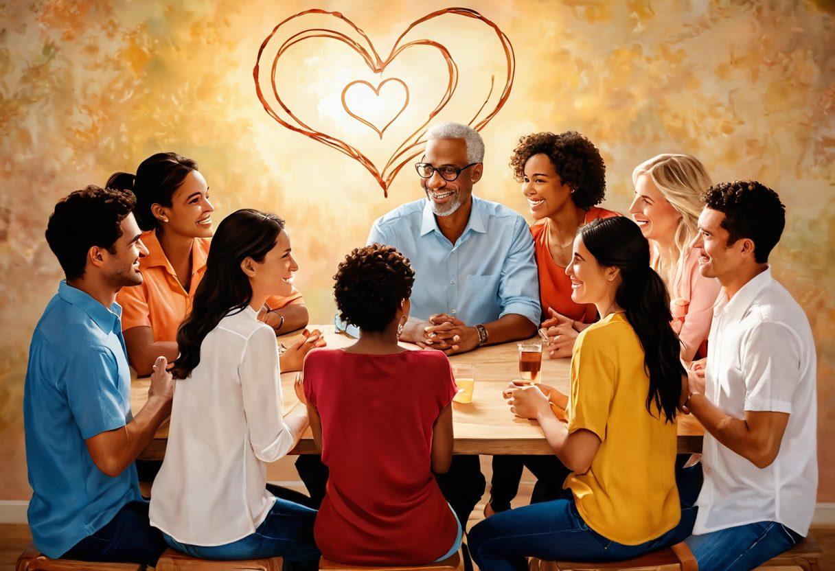 A vibrant, intimate setting showcasing a diverse group of couples engaging in open dialogue, emphasizing trust and communication. Include symbols of connection like intertwined hands or heart-shaped motifs. The background features soft, warm lighting to evoke comfort and acceptance. Display diverse couples of varying ages and backgrounds sharing smiles and laughter. artistic, super-realistic, warm colors.