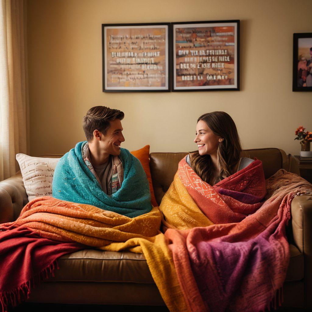 A cozy living room scene showcasing a couple sitting on a couch, sharing an intimate moment with another person, while framed quotes about love and openness adorn the walls. Soft lighting creates a warm ambiance, highlighting their joyful expressions. A multicolored throw blanket and modern decor elements signify comfort in non-traditional relationships. super-realistic. vibrant colors. soft focus.