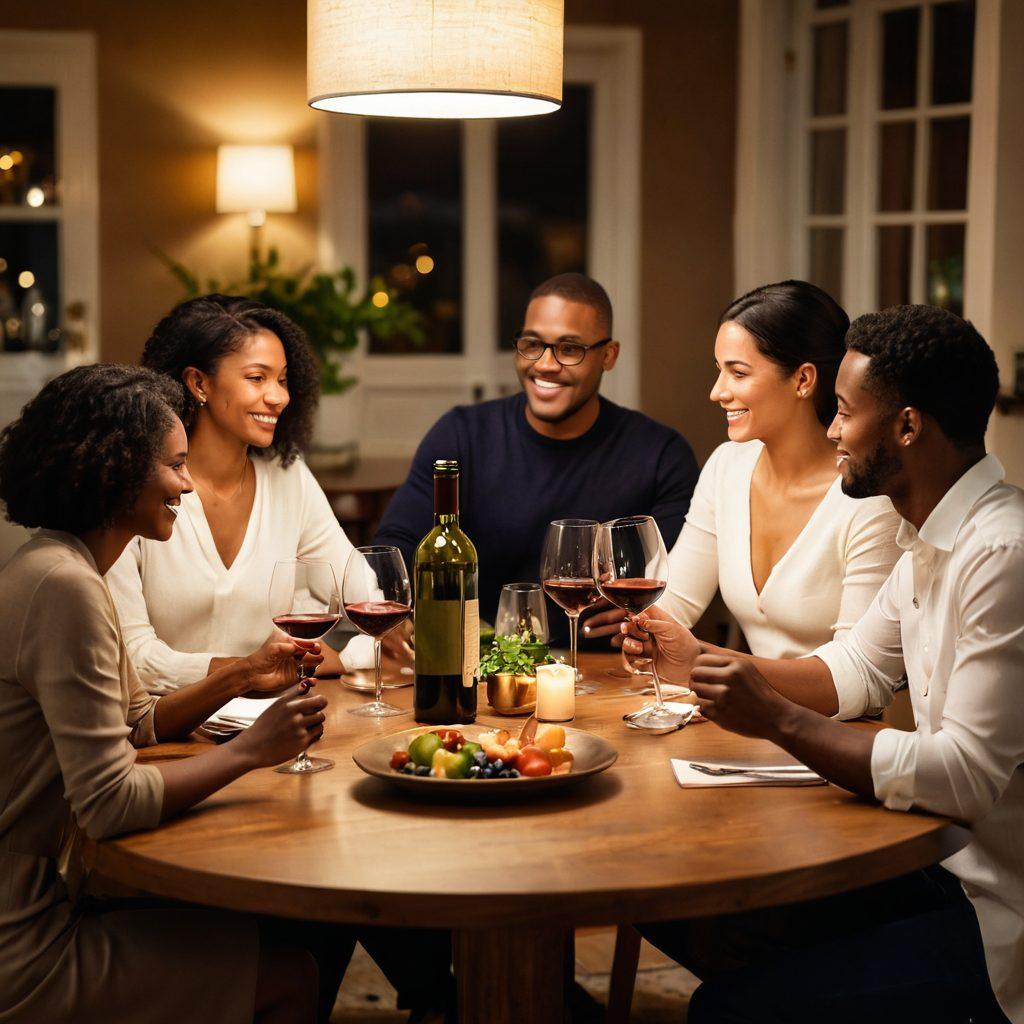 A warm and inviting setting featuring diverse couples engaged in open conversation at a cozy round table, soft lighting casting gentle shadows, an open wine bottle and glasses suggesting comfort and relaxation. Subtle hints of swinging lifestyle decor in the background. The atmosphere should feel intimate yet inclusive, showcasing effective communication and connection. vibrant colors. soft focus.